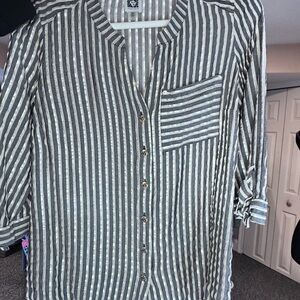 Anne Klein Dark Gray, Cream and Gold Metallic Striped Blouse